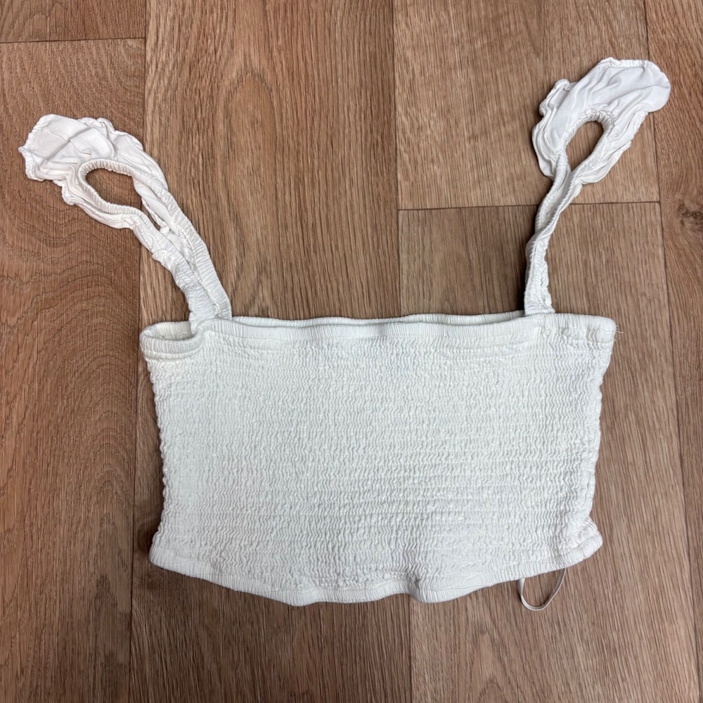 Womens White Smocked Ruffle Strap Crop Top Summer Cottagecore Stretch Cami